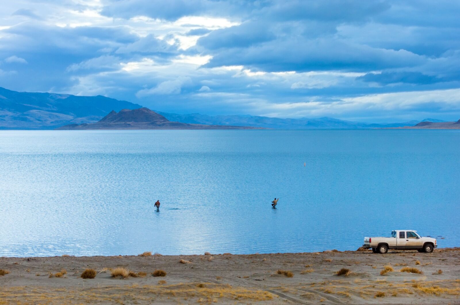two anglers in the water at pyramid lake nevada 
